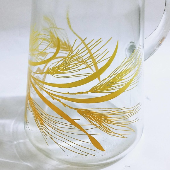 Vintage Golden Wheat Pitcher Orange Yellow Heavy Glass (shelf) - Picture 2 of 6